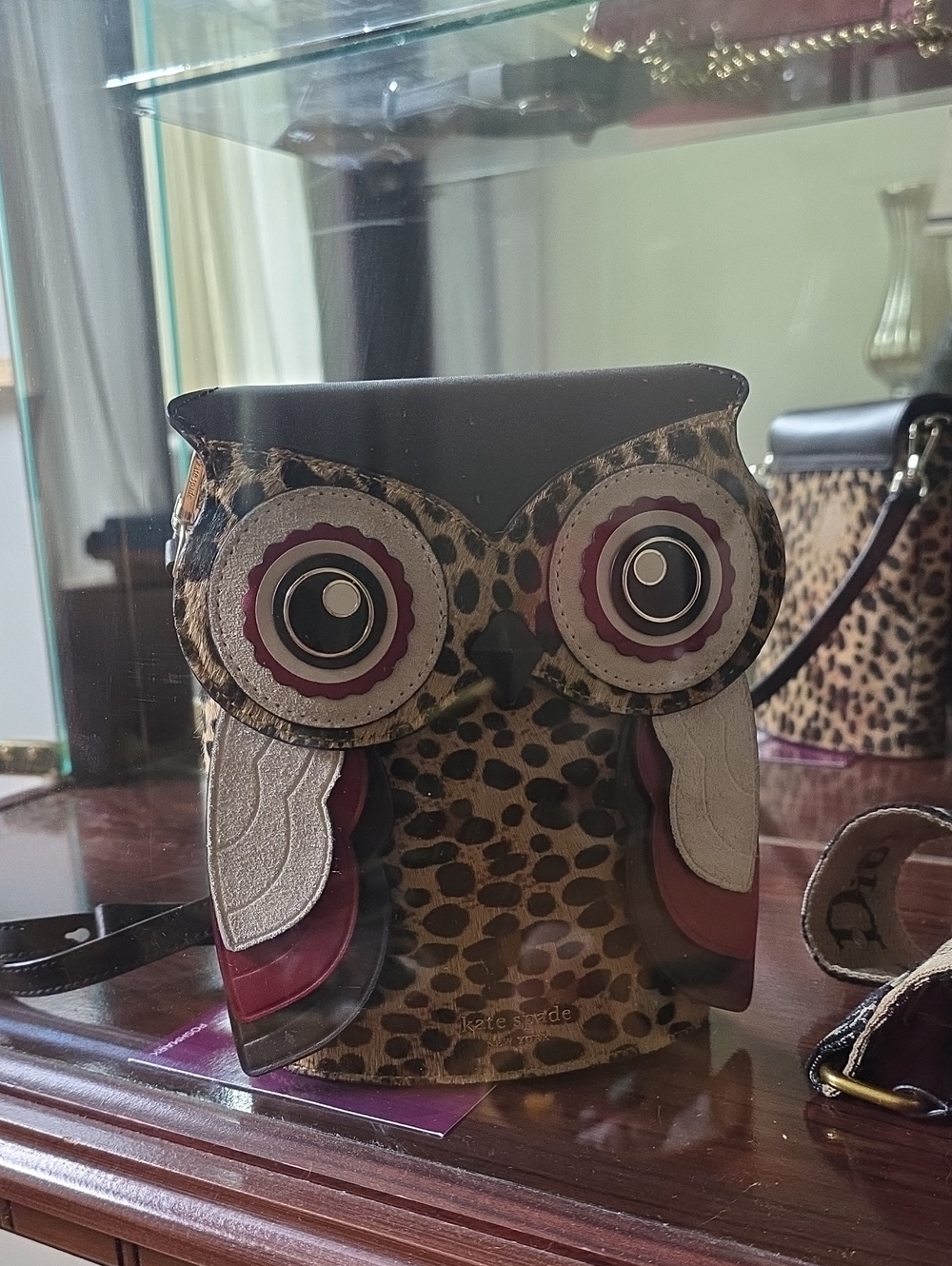 kate spade Owl Leopard-Print Crossbody Bag in Brown and Burgundy